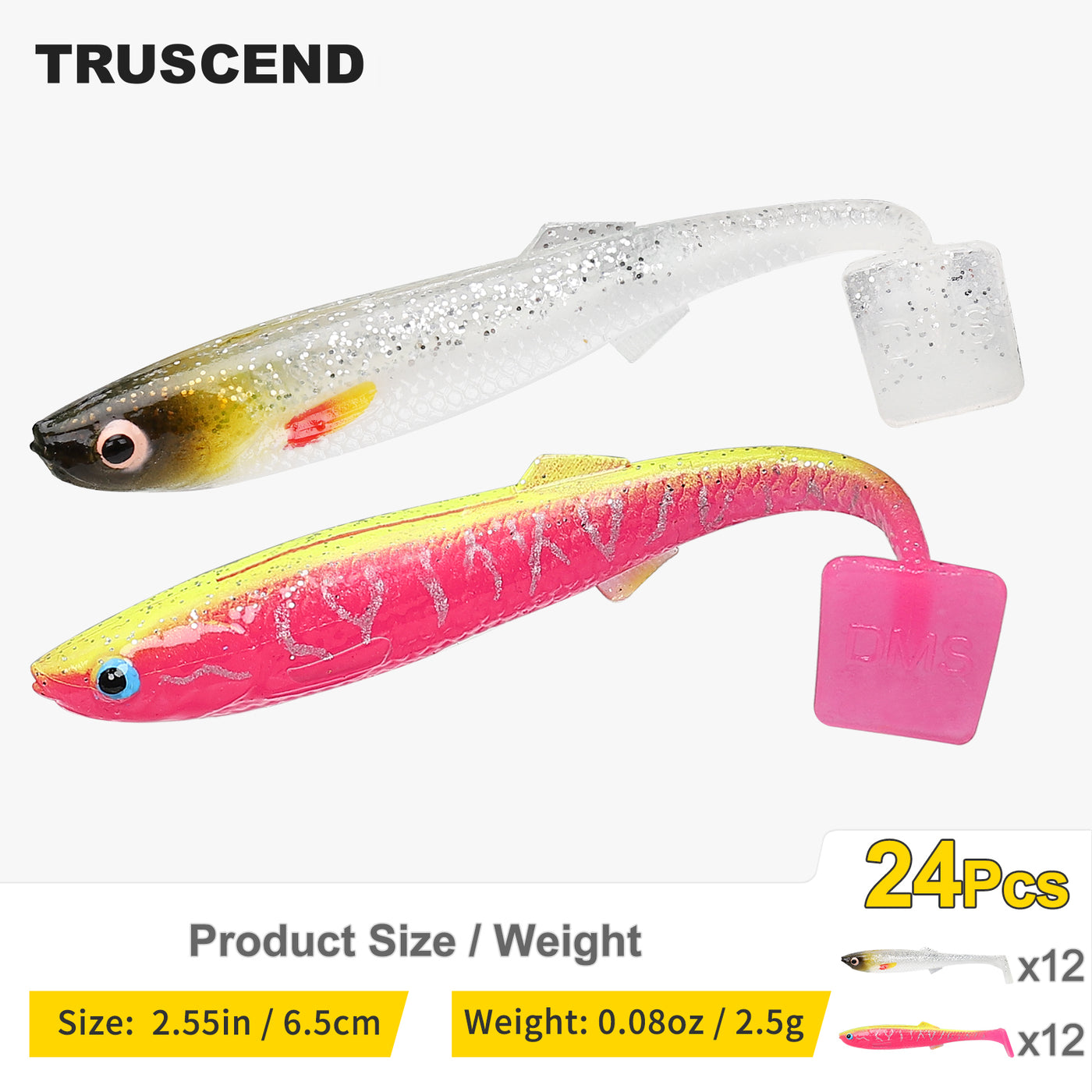 TRUSCEND® Hand-Painted Soft Paddle Tail Fishing Lures 2.55"/3.35" 0.08oz 20pcs/24pcs