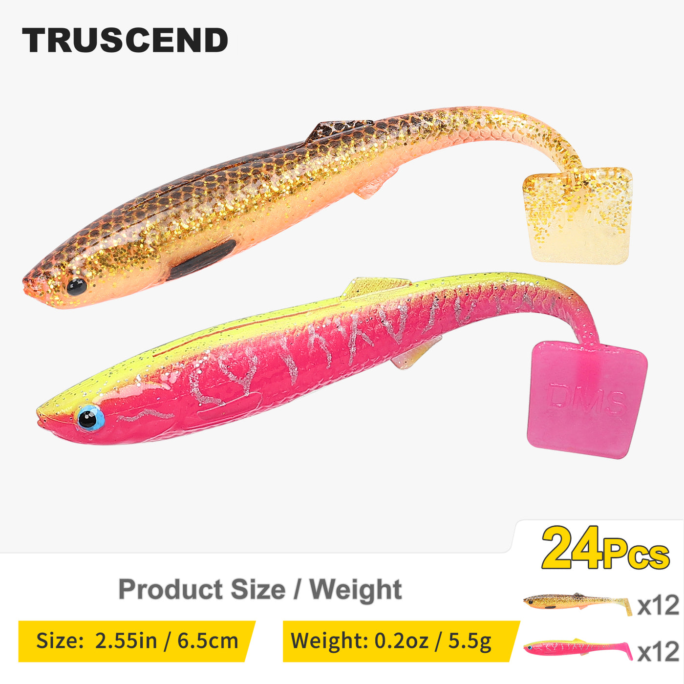 TRUSCEND® Hand-Painted Soft Paddle Tail Fishing Lures 2.55"/3.35" 0.08oz 20pcs/24pcs