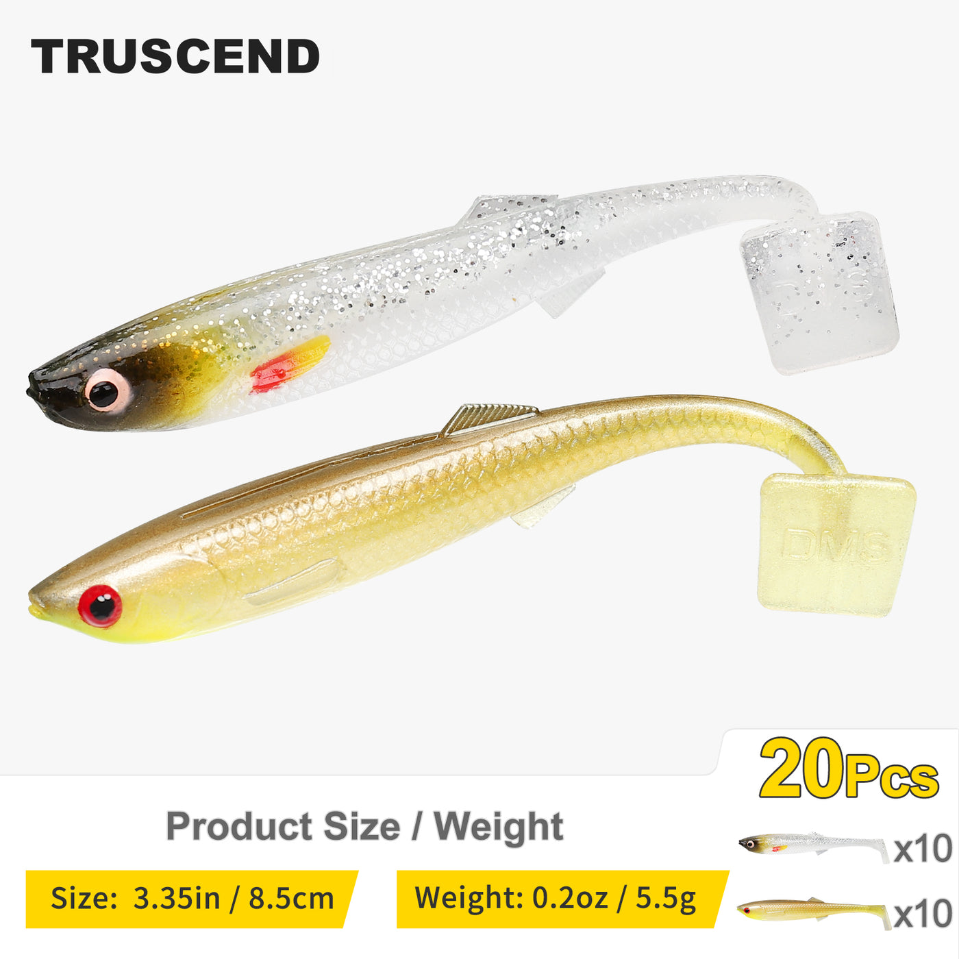 TRUSCEND® Hand-Painted Soft Paddle Tail Fishing Lures 2.55"/3.35" 0.08oz 20pcs/24pcs