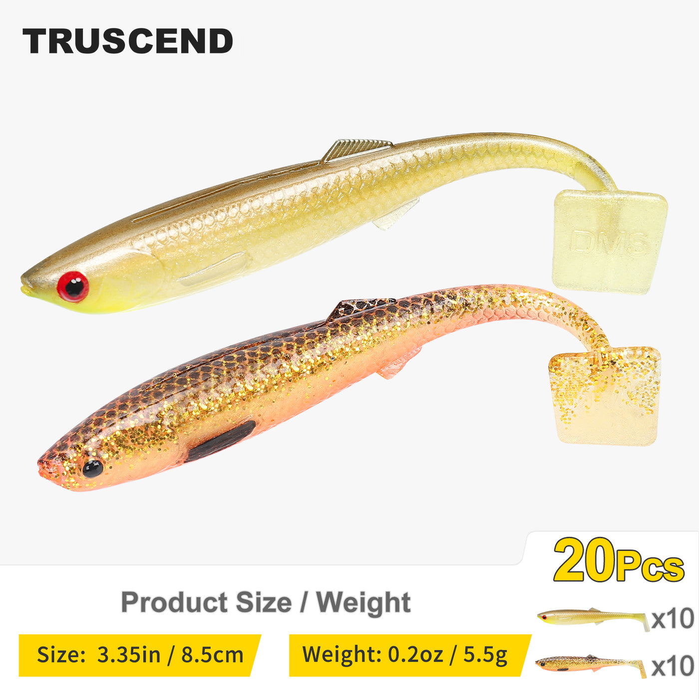 TRUSCEND® Hand-Painted Soft Paddle Tail Fishing Lures 2.55"/3.35" 0.08oz 20pcs/24pcs