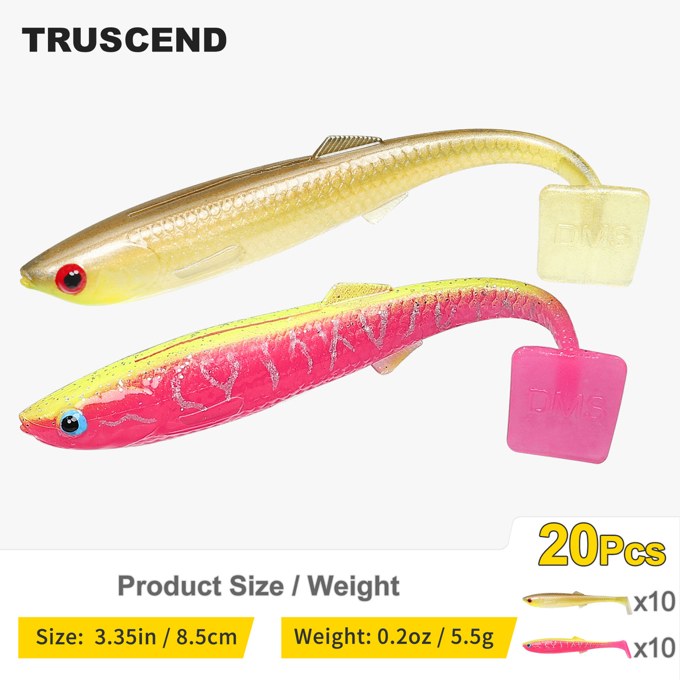 TRUSCEND® Hand-Painted Soft Paddle Tail Fishing Lures 2.55"/3.35" 0.08oz 20pcs/24pcs