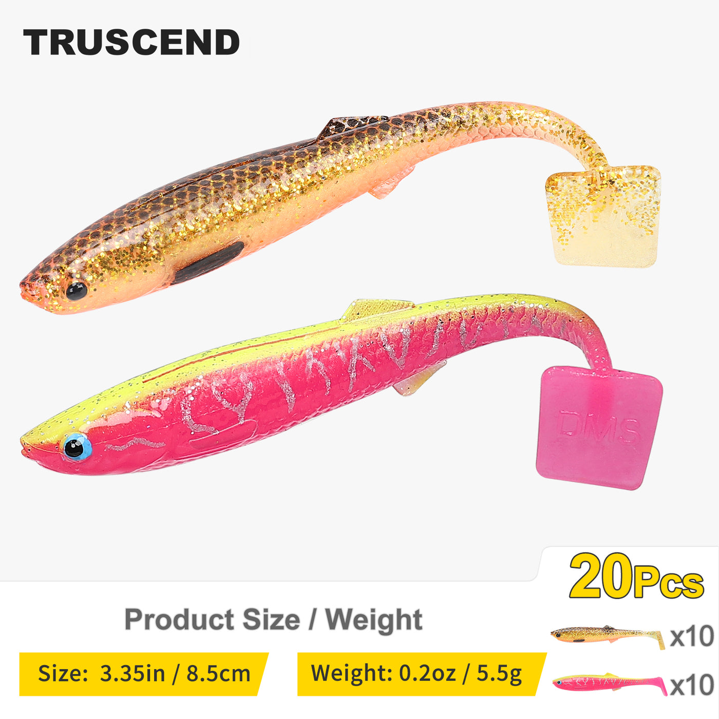 TRUSCEND® Hand-Painted Soft Paddle Tail Fishing Lures 2.55"/3.35" 0.08oz 20pcs/24pcs